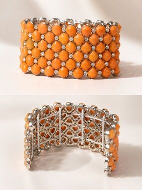 Orange Rhinestone Stretch Cuff Bracelet | Bold Statement Jewelry